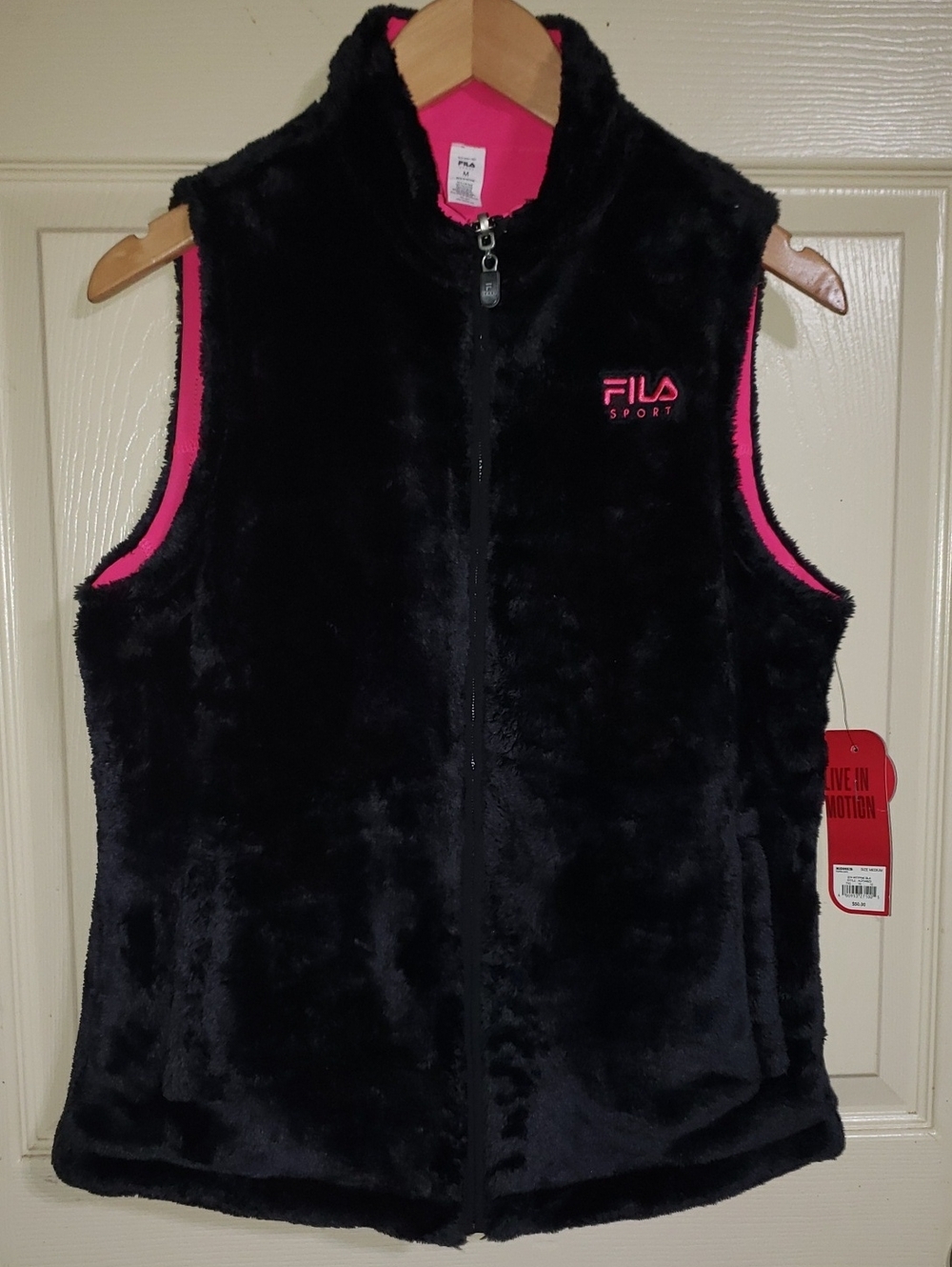 Fila Black & Pink Reversible Faux-Fur Vest with Pink Accents & Pockets